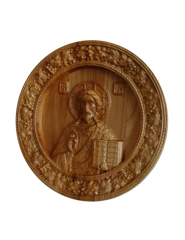 Icoana sculptata Iisus Hristos, rama circulara, Lemn, 19,5 cm  - 6