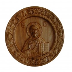Icoana sculptata Iisus Hristos, rama circulara, Lemn, 19,5 cm