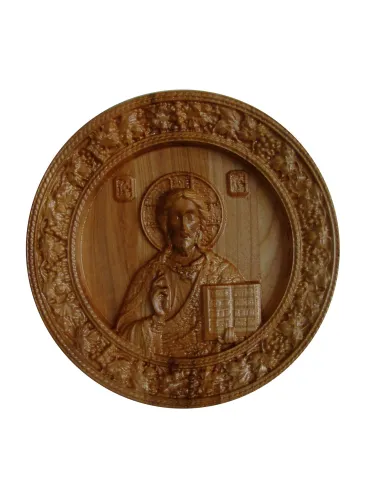 Icoana sculptata Iisus Hristos, rama circulara, Lemn, 19,5 cm  - 7