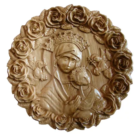 Icoana sculptata Maica Domnului cu Pruncul Iisus, rama trandafiri, circulara, diametru 25 cm  - 1