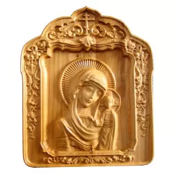 Icoana sculptata Maica Domnului cu Pruncul Iisus, lemn masiv, cires salbatic, 22x18,5 cm - 1