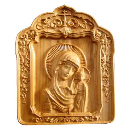 Icoana sculptata Maica Domnului cu Pruncul Iisus, lemn masiv, cires salbatic, 22x18,5 cm  - 1