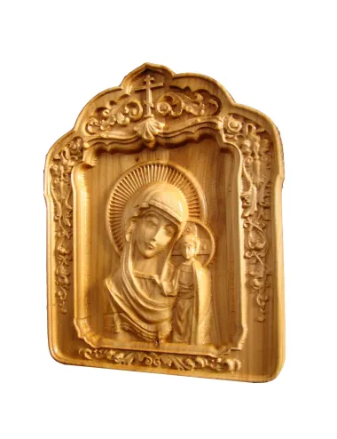 Icoana sculptata Maica Domnului cu Pruncul Iisus, lemn masiv, cires salbatic, 22x18,5 cm  - 3