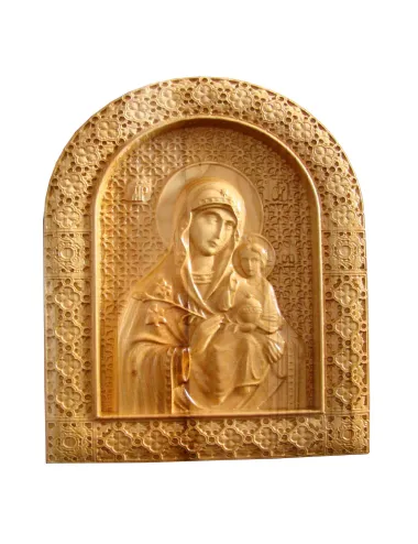 Icoana sculptata Maica Domnului cu Pruncul Iisus, lemn masiv, cires salbatic, 22,5x19 cm - 1