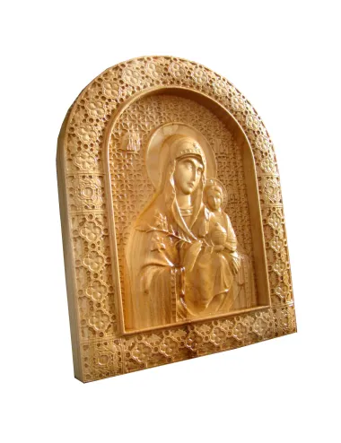 Icoana sculptata Maica Domnului cu Pruncul Iisus, lemn masiv, cires salbatic, 22,5x19 cm - 2