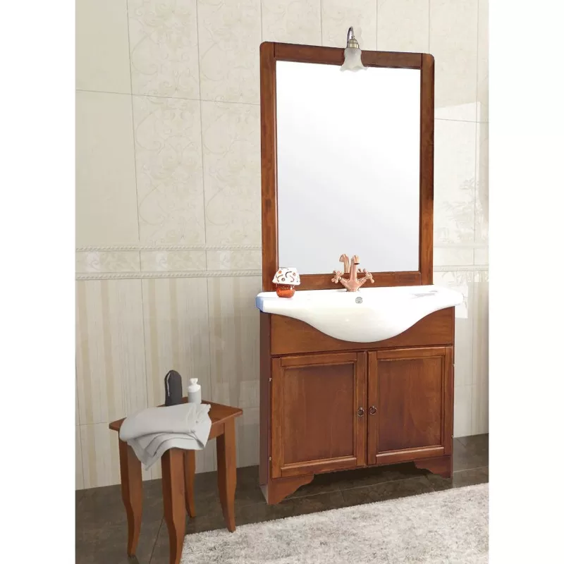 Baza cu 2 usi, lavoar ceramic cm. 86 si oglinda cu iluminare noce - 1 Baza cu 2 usi, lavoar ceramic cm. 86 si oglinda cu iluminare noce - 1