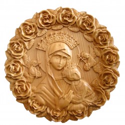 Icoana sculptata Maica Domnului cu Pruncul Iisus, rama trandafiri, circulara, diametru 25 cm
