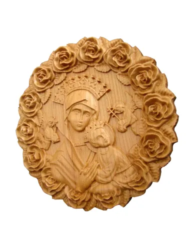 Icoana sculptata Maica Domnului cu Pruncul Iisus, rama trandafiri, circulara, diametru 25 cm  - 8