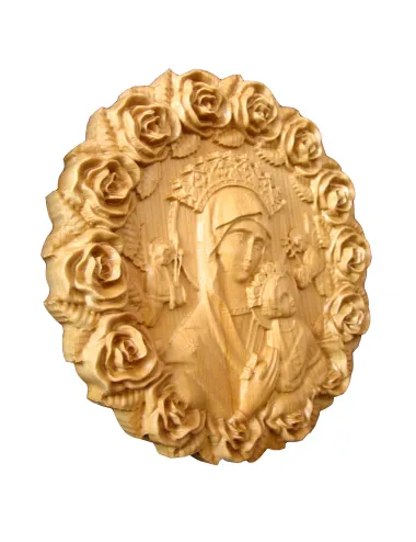 Icoana sculptata Maica Domnului cu Pruncul Iisus, rama trandafiri, circulara, diametru 25 cm  - 9