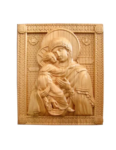 Icoana sculptata Maica Domnului, sculptura in lemn masiv, cires salbatic, 22x18.5 cm  - 4